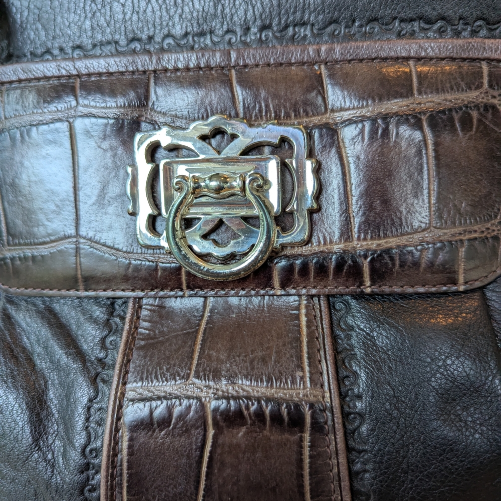 Brown Croc Embossed Leather Bag with Silver Buckle